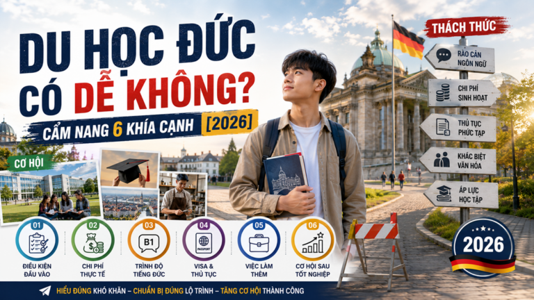 Du học Đức có dễ không? Tìm hiểu 6 khía cạnh quan trọng gồm điều kiện đầu vào, tiếng Đức, chi phí, visa, việc làm thêm và cơ hội nghề nghiệp sau tốt nghiệp năm 2026.
